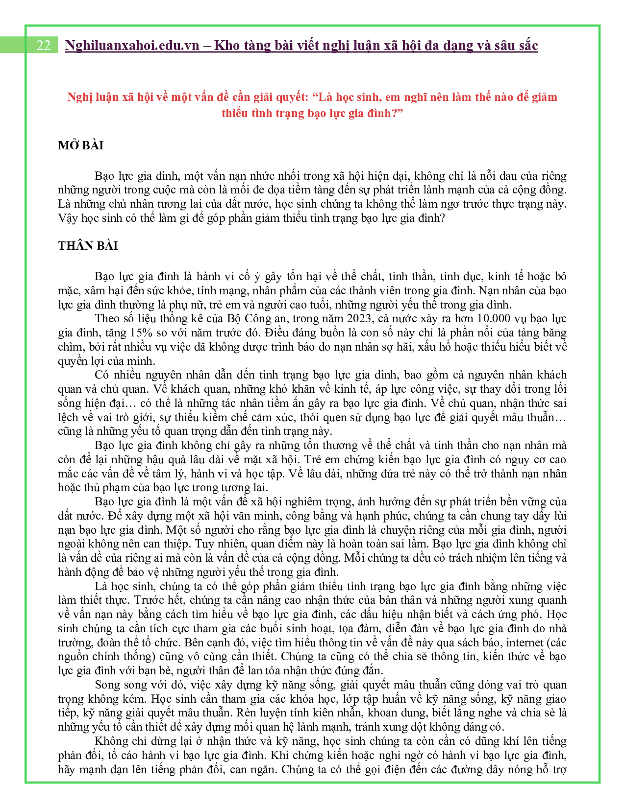 NLXH vấn đề cần giải quyết: Là học sinh, em nghĩ nên làm thế nào để giảm thiểu tình trạng bạo lực gia đình?